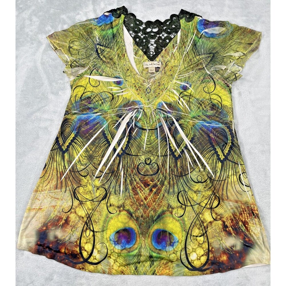 Live And Let Live Paecock Feather Tunic Blouse Lace Back Boho M Green